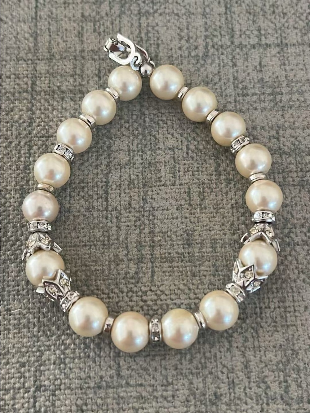 Authentic Vintage Dior Round White Pearl Rhinestone Pedal Beaded Silver Bracelet